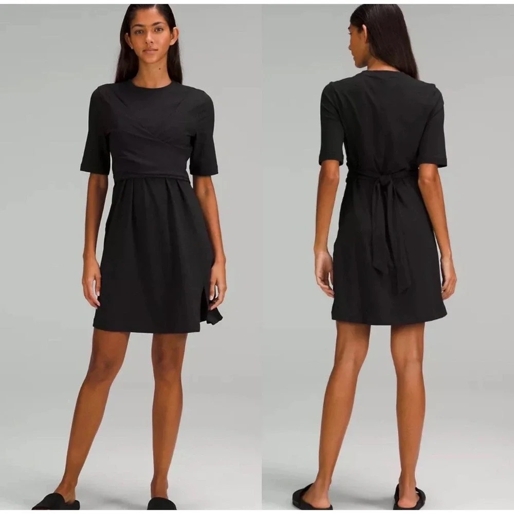 Lululemon Cotton Wrap-Front T-Shirt Dress Black Tie Front Short Sleeve Size 6